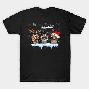Christmas Three Mexican Flower Sugar Skull In Snow Xmas T-Shirt